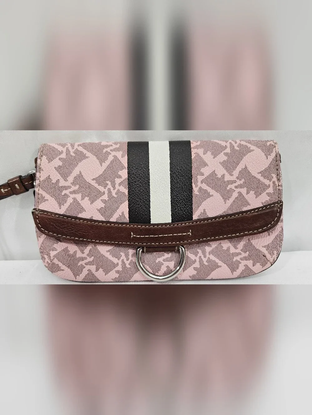 Juicy Couture Pink Logo Wristlet with Brown Trim and Black-White Stripe #299